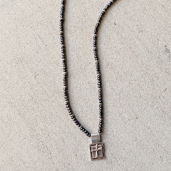 Silver and Peacock Color Seed Bead Cross Necklace - Picture 5 of 9